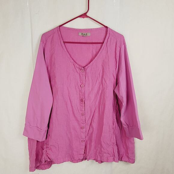 Flax pink button up linen top Size Large Lagenlook Hygge Casual Pockets - Picture 1 of 7